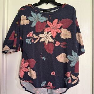 Kim & Cami Navy Floral Short-Sleeve Button-Shoulder Top
